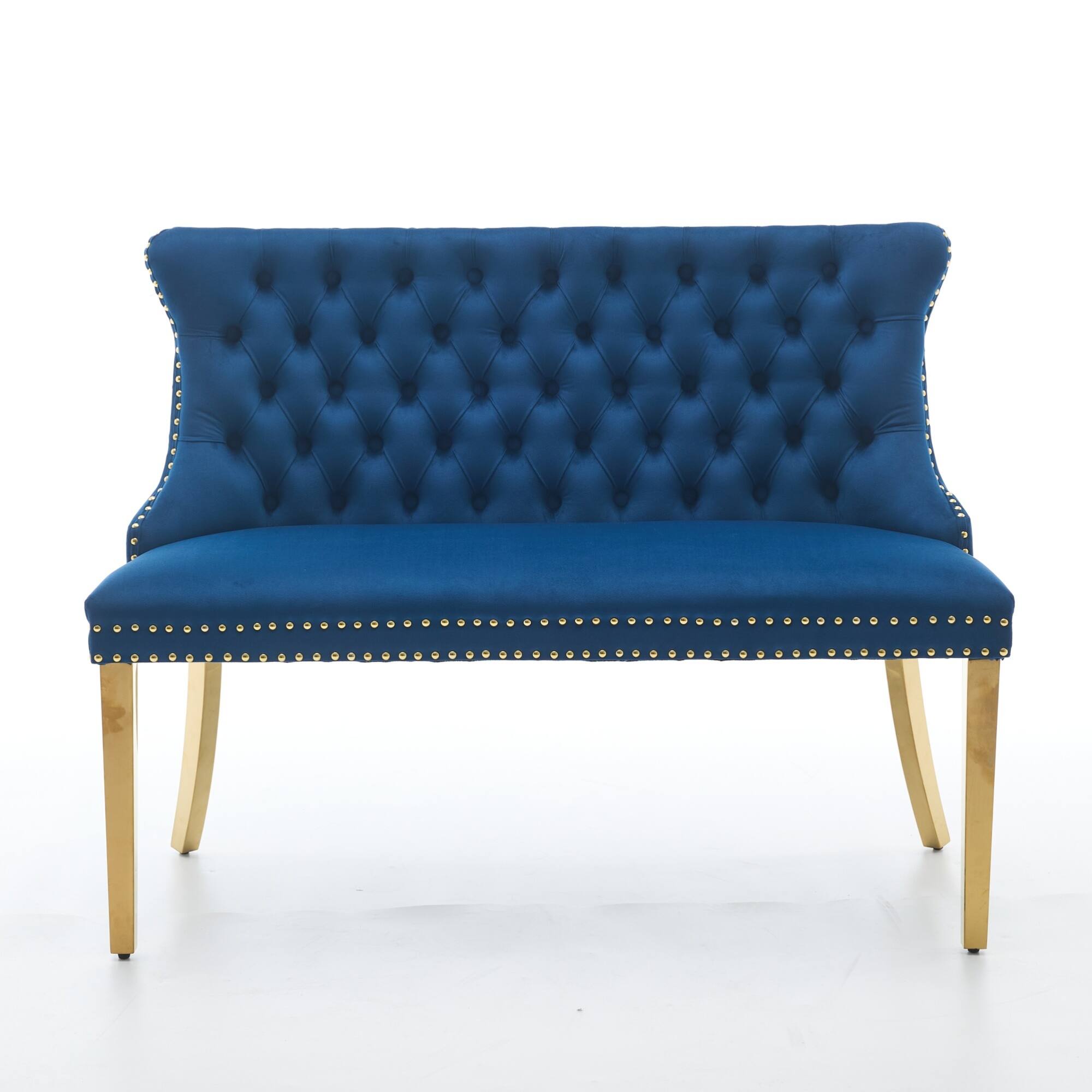 GOODSILO - Velvet Tufted Double Seater Dining Bench with Gold Accent Legs for Kitchen and Dining Room Seating - Blue