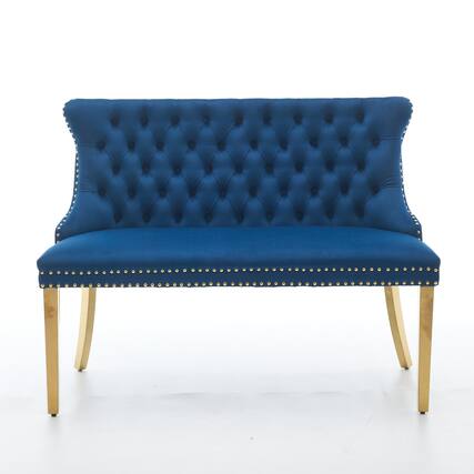 Front. GOODSILO - Velvet Tufted Double Seater Dining Bench with Gold Accent Legs for Kitchen and Dining Room Seating - Blue.