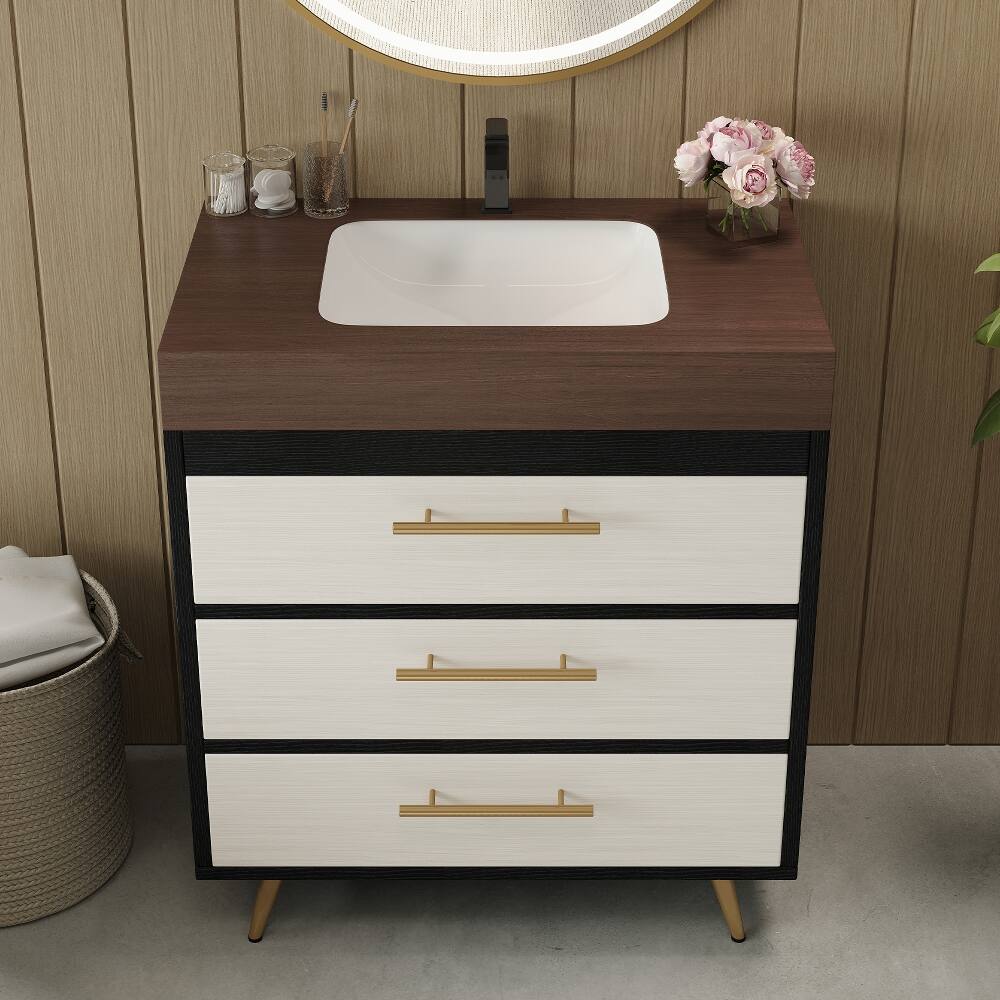 Left. Loheer - Loheer 29.9 inch freestanding bathroom vanity with ceramic vessel sink sintered stone top white and walnut - White and Walnut.