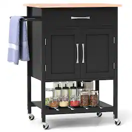 Gymax - Rolling Kitchen Island Cart w/ Drawer 2-Door Storage Cabinet Bottom Tray - Black
