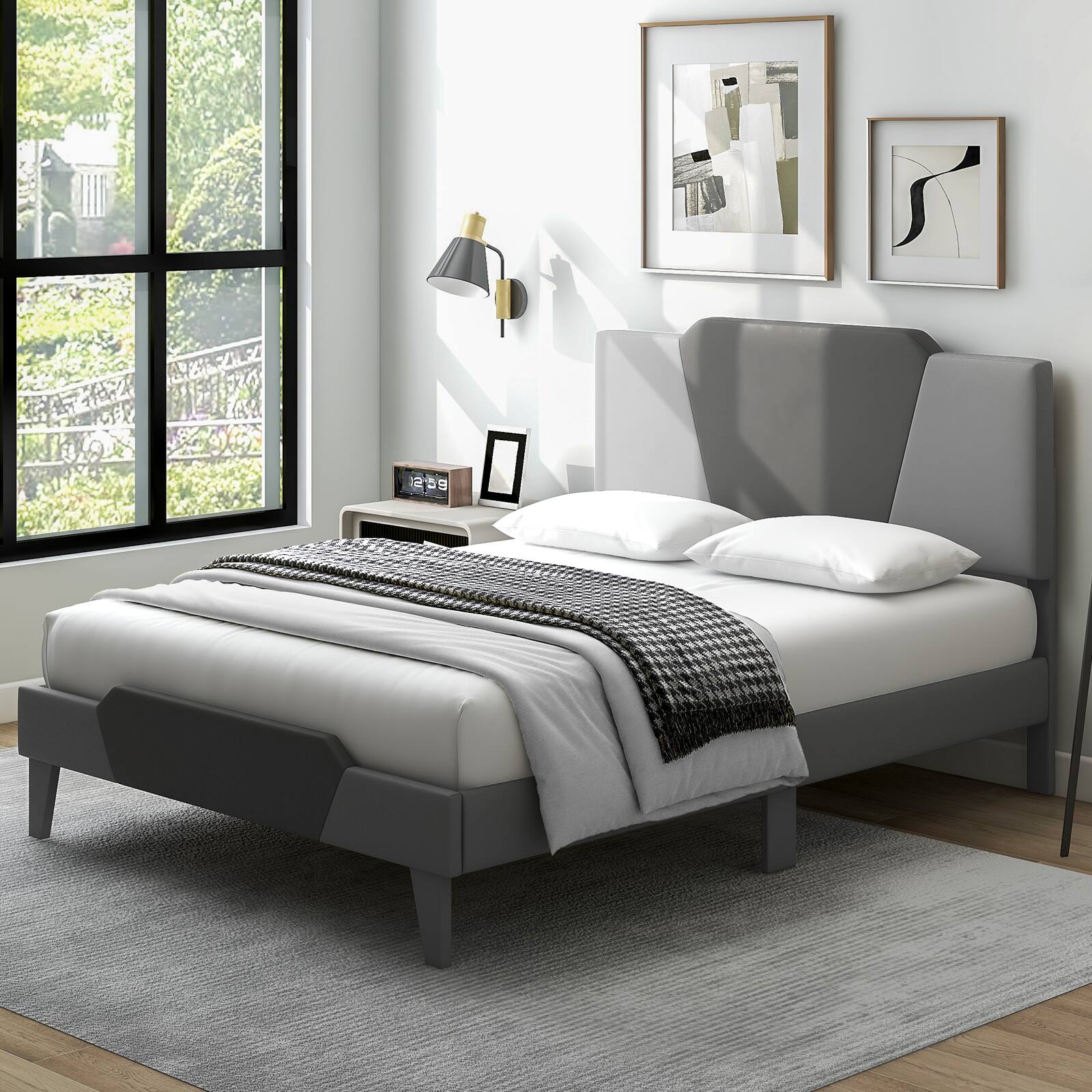 Alt View 9. Ecooso - Full Velvet Upholstered Bed Frame with High Headboard - Gray.