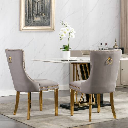Back. LUCKY ONE - Assembled Tufted Velvet Dining Chair Set of 2 with Chrome Stainless Steel Legs Nailhead Trim - Gray.