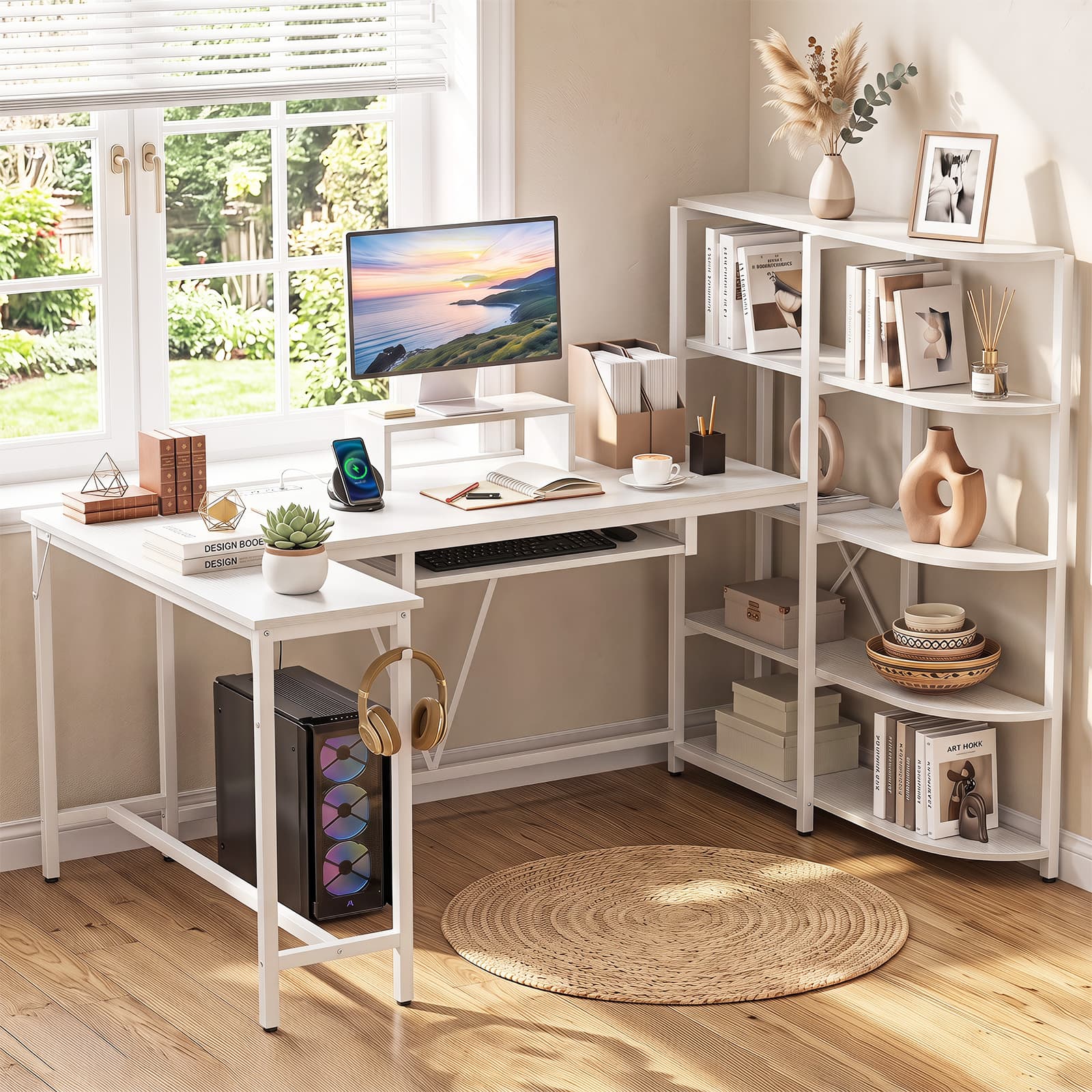 Costway - 63" U-shaped Computer Desk with Power Outlets, 5-Tier Bookshelf, Monitor Stand - White