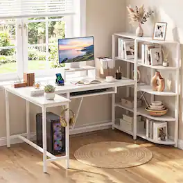 Costway - 63" U-shaped Computer Desk with Power Outlets, 5-Tier Bookshelf, Monitor Stand - White