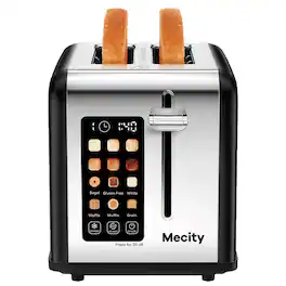 Mecity - Touchscreen 2-Slice Toaster, Stainless Steel, Wide Slots, 6 Shade Settings, Reheat & Defrost, Black - Matte Black