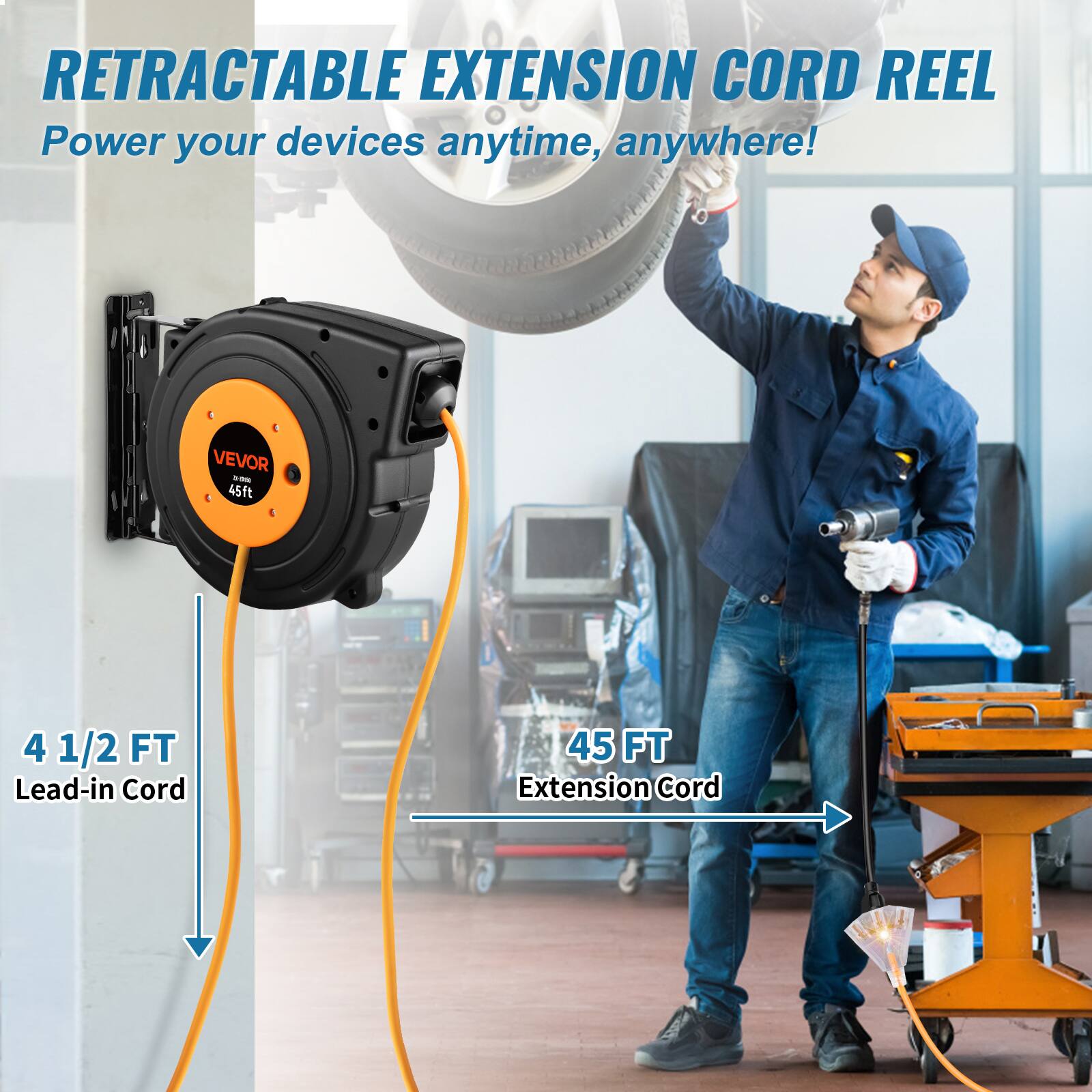 VEVOR Retractable Extension Reel, Heavy Duty 12AWG/3C SJTOW Power Cord ...