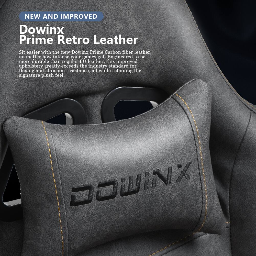 NEW AND IMPROVED  
Dowinx Prime Retro Leather  

Sit easier with the new Dowinx Prime Carbon fiber leather, no matter how intense your games get. Engineered to be more durable than regular PU leather, this improved upholstery greatly exceeds the industry standard for flexing and abrasion resistance, all while retaining the signature plush feel.