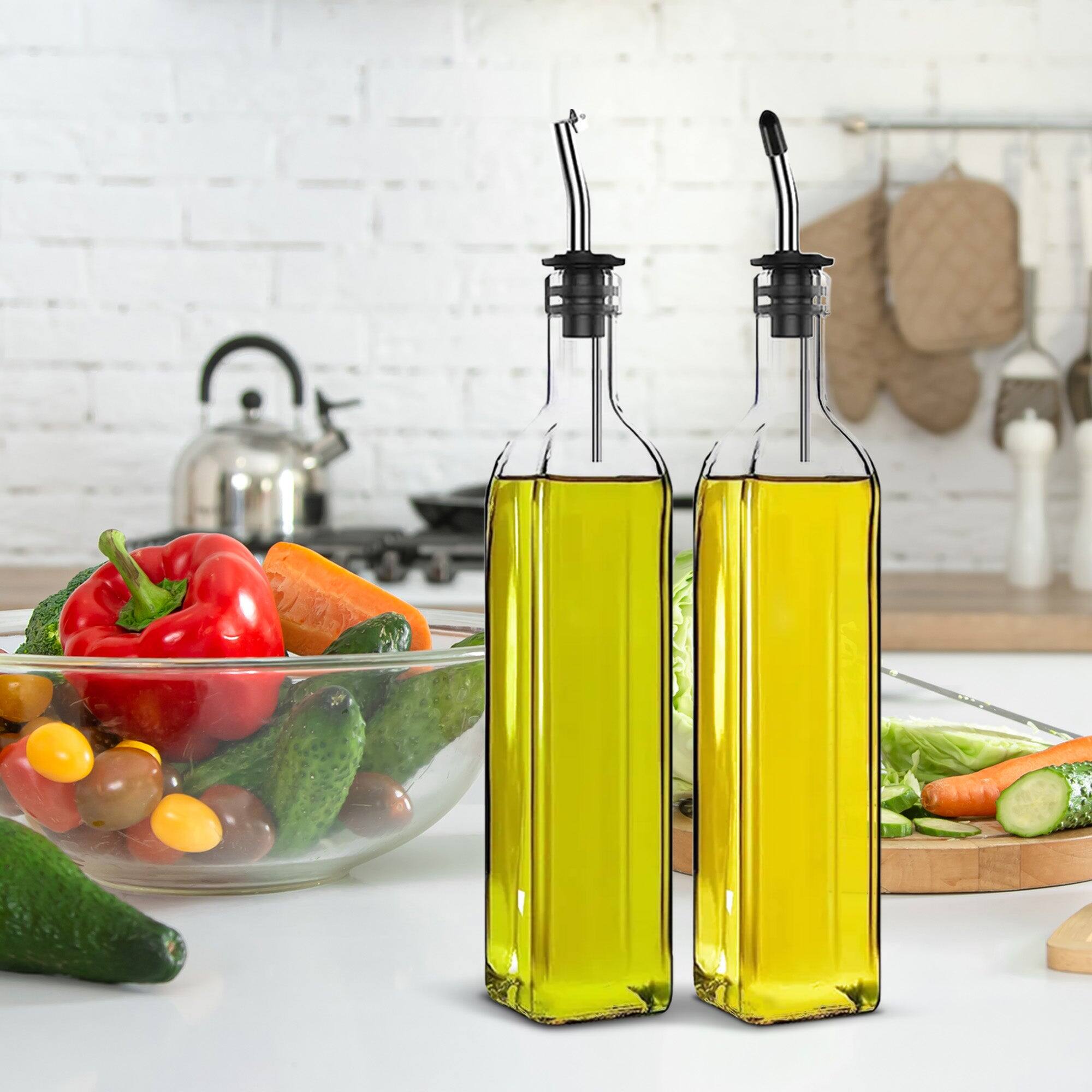 Angle. Cheer Collection - 2 Pack Glass Olive Oil Dispenser Set 17oz with Funnel Brush Spouts and Labels - Clear.