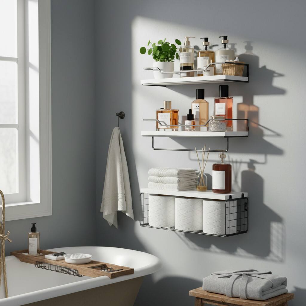 Angle. Dazzed Corner - Set of 3 Floating Shelves Wall Mounted, Wood Bathroom Shelf Over Toilet with Paper Storage Basket - White.