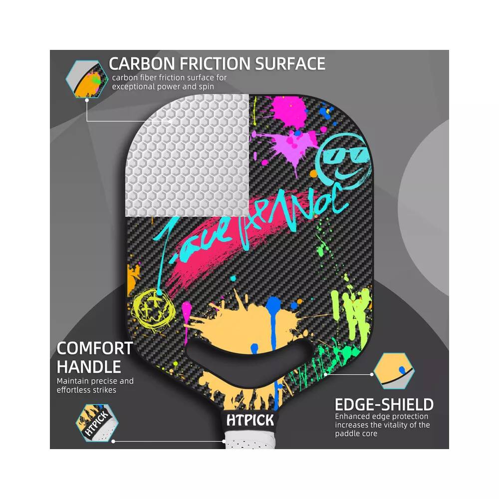 CARBON FRICTION SURFACE  
carbon fiber friction surface for exceptional power and spin  

COMFORT HANDLE  
Maintain precise and effortless strikes  

EDGE-SHIELD  
Enhanced edge protection increases the vitality of the paddle core  

HTPICK