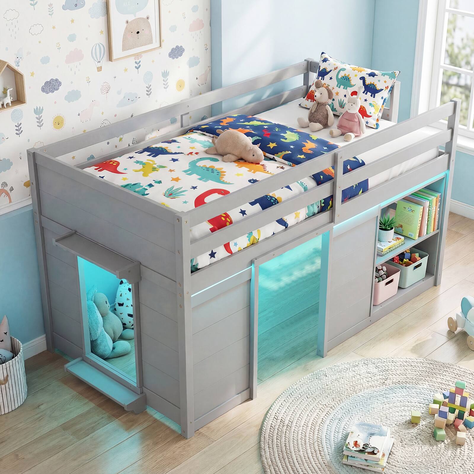 Alt View 4. Gymax - Gymax Twin Size Loft Bed w/ LED Lights 2 Doors Underbed Space & Shelves for Kids Grey - Grey.
