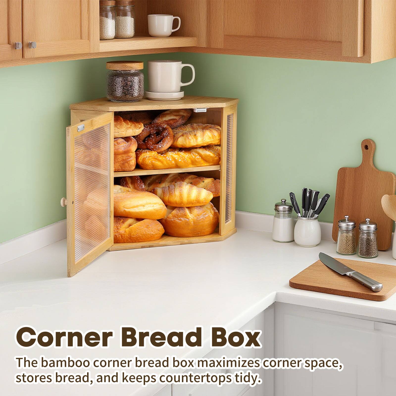 Corner Bread Box

The bamboo corner bread box maximizes corner space, stores bread, and keeps countertops tidy.