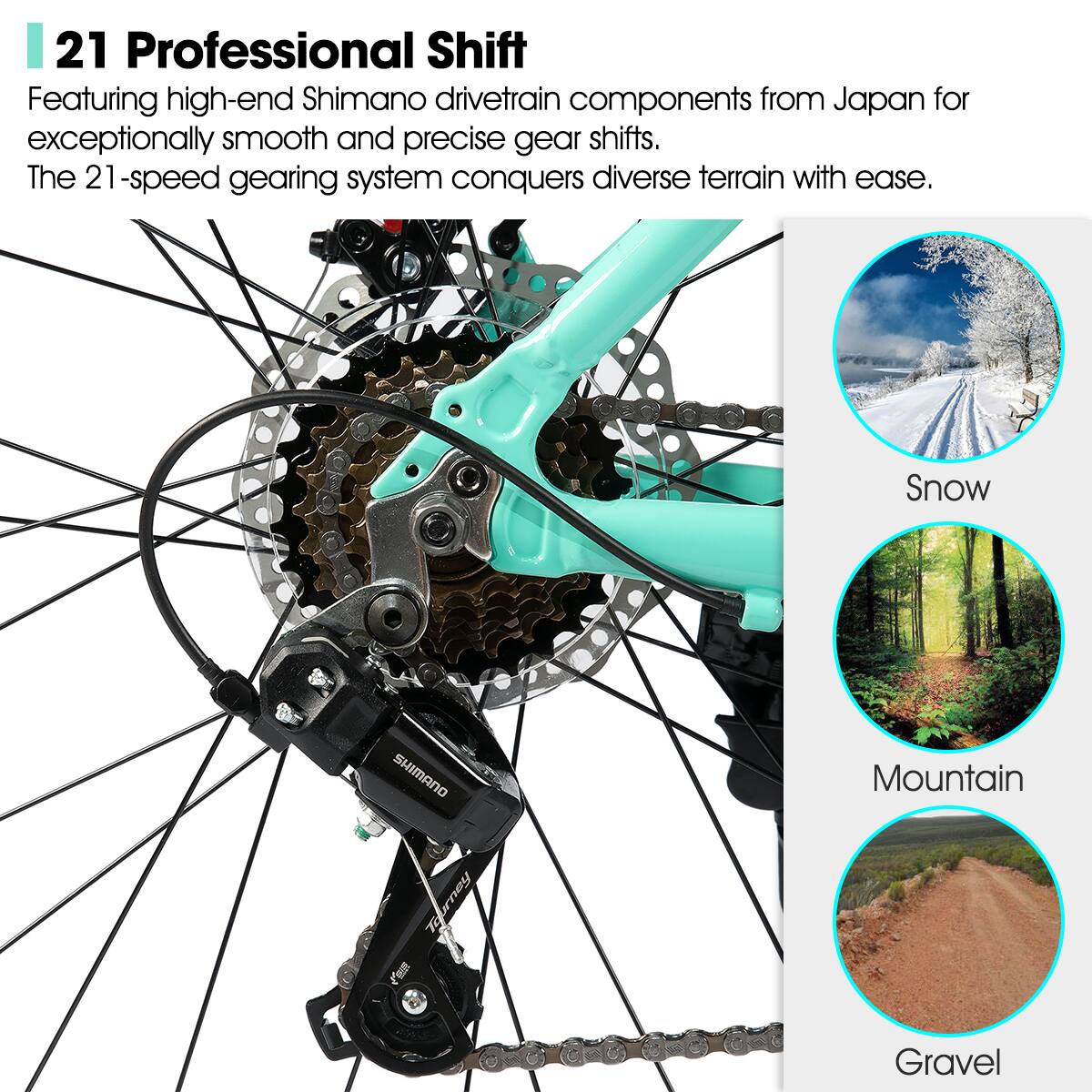 21 Professional Shift

Featuring high-end Shimano drivetrain components from Japan for exceptionally smooth and precise gear shifts. The 21-speed gearing system conquers diverse terrain with ease.

Snow  
Mountain  
Gravel