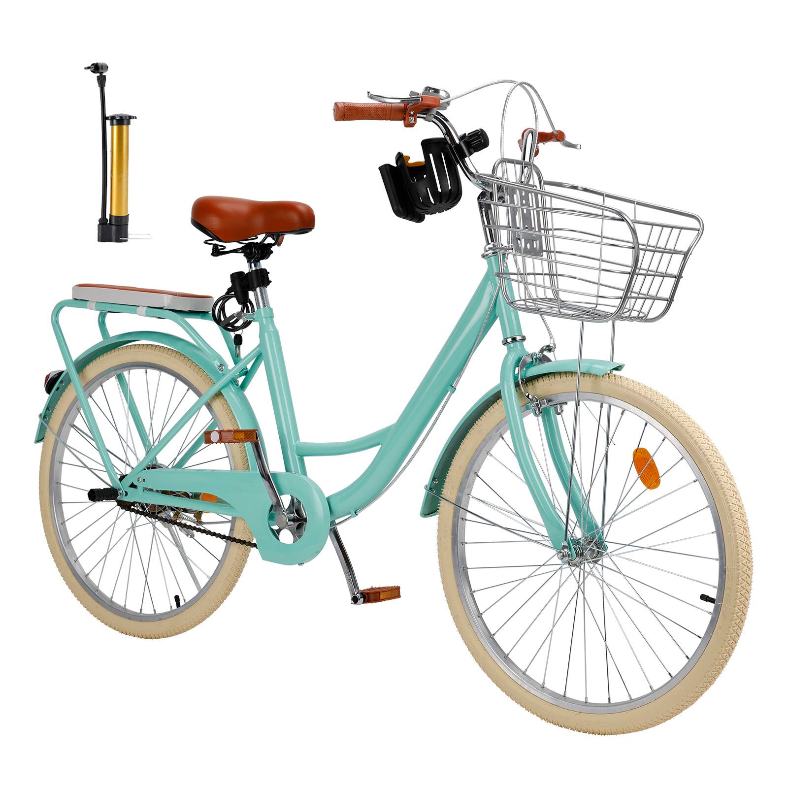Angle. Topteng - 24" Beach Cruiser Bike for Men/Women with Cup Holder, High Carbon Steel Frame, Dual Brakes, Rear Rack and Basket, Green - Green.