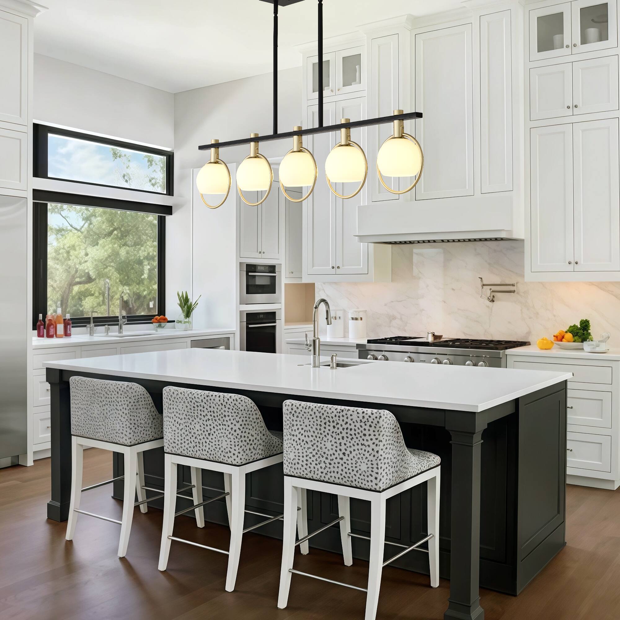 Alt View 2. RYHNUYNE - 5-Light Dining Room Light Fixture,Gold Kitchen Island Lighting with Milk Glass Shade, Linear Chandeliers for Kitchen Din - Black.