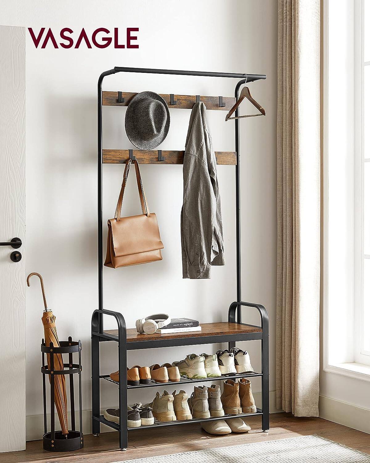 Left. Songmics Home - 4-in-1 Hall Tree with Shoe Bench Coat Rack and Removable Hooks Rustic Brown and Black - Brown.