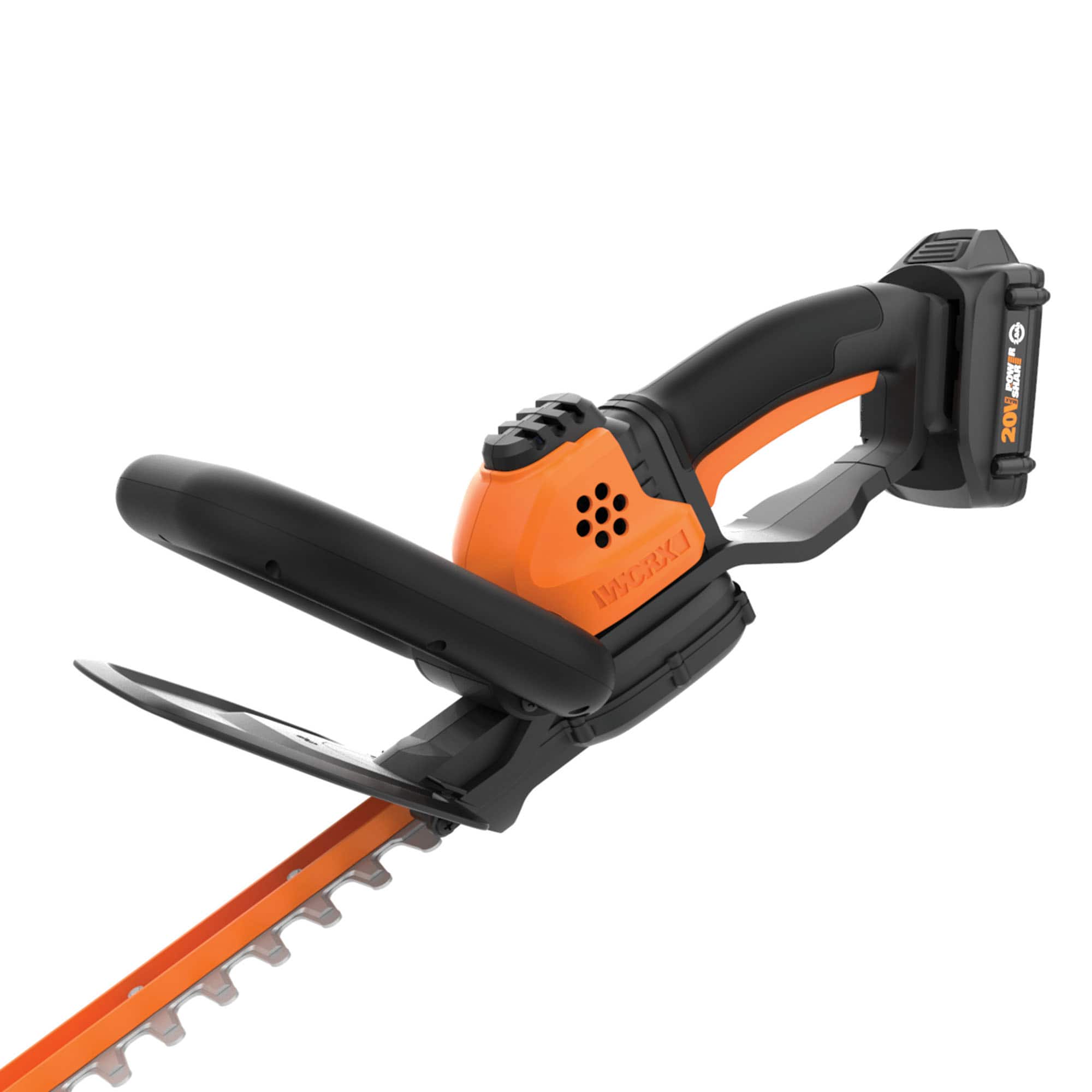 The image features a large orange and black electric saw, which is likely a part of a gardening tool. The saw has a black handle and is designed to cut through various materials, such as branches and small trees. The saw is positioned on a white background, making it stand out prominently. The brand name "WORX" is visible on the saw, indicating its manufacturer.