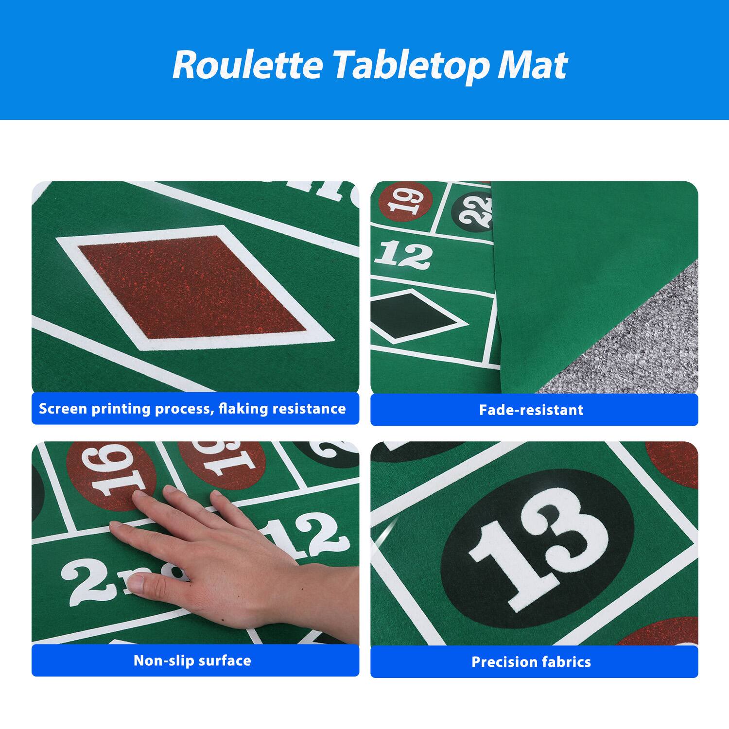 Roulette Tabletop Mat

Screen printing process, flaking resistance
Fade-resistant
Non-slip surface
Precision fabrics