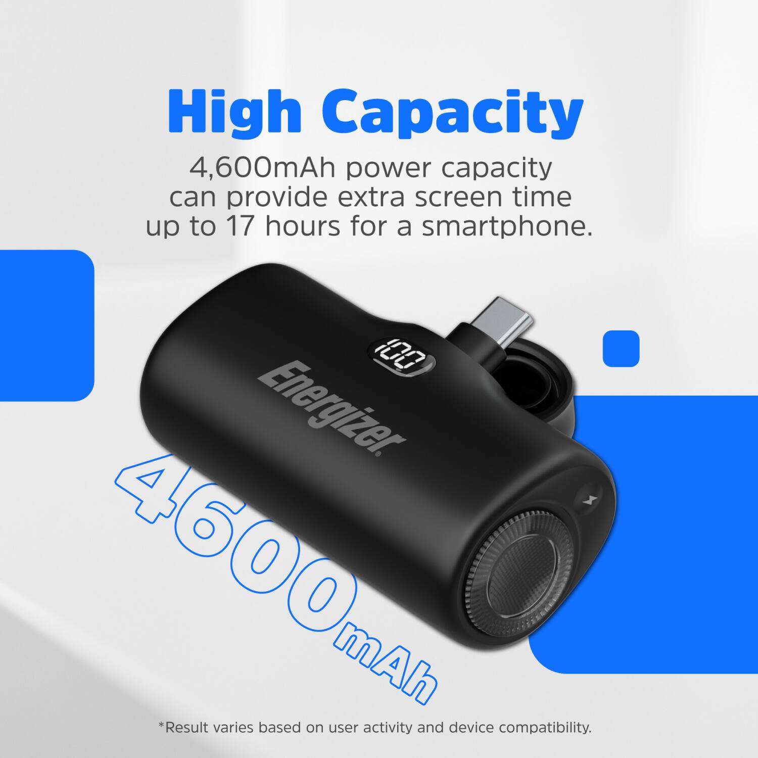 High Capacity 4,600mAh power capacity can provide extra screen time up to 17 hours for a smartphone. Energizer 4600 mAh *Result varies based on user activity and device compatibility.