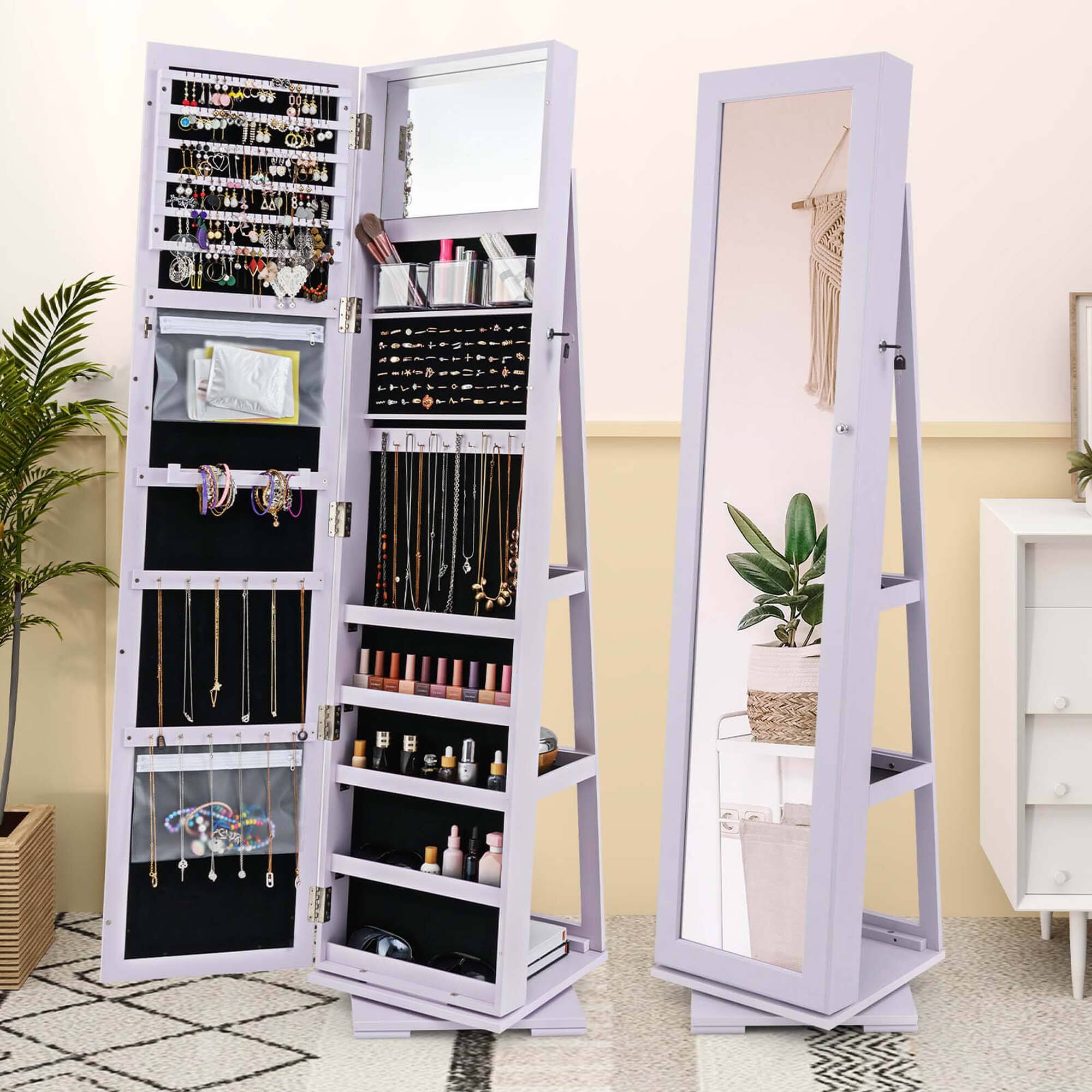 Alt View 1. Costway - Costway 360° Rotatable Jewelry Cabinet Armoire 2-in-1 Lockable Mirrored - Light Purple.
