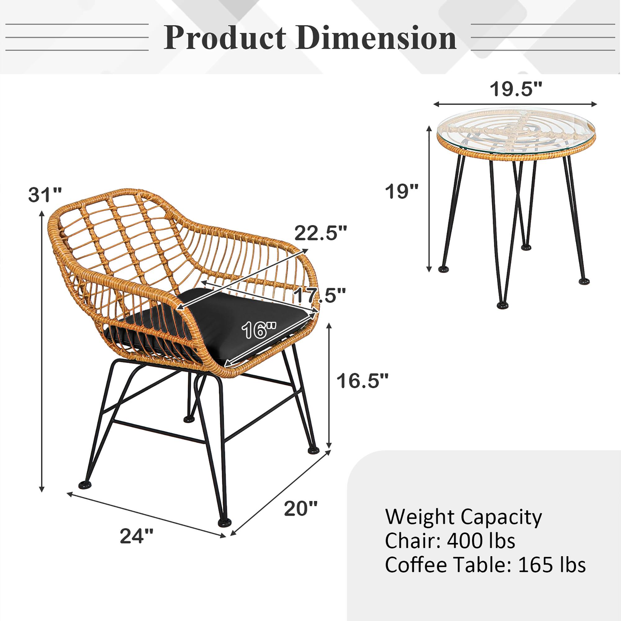 Product Dimension: 19.5", 31", 19", 22.5", 17.5", 16", 16.5", 24", 20"

Weight Capacity: Chair: 400 lbs, Coffee Table: 165 lbs