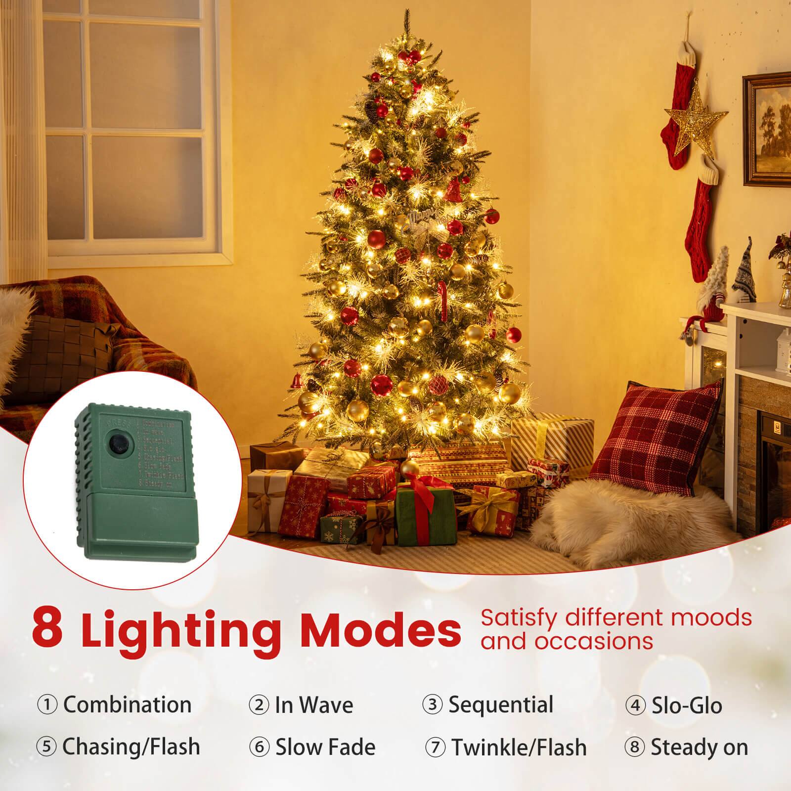 8 Lighting Modes  
Satisfy different moods and occasions  

1. Combination  
2. In Wave  
3. Sequential  
4. Slo-Glo  
5. Chasing/Flash  
6. Slow Fade  
7. Twinkle/Flash  
8. Steady on