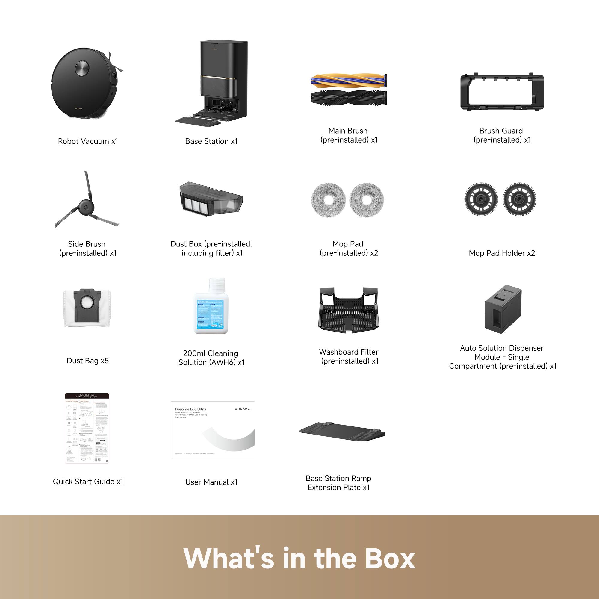 Robot Vacuum x1  
Base Station x1  
Main Brush (pre-installed) x1  
Brush Guard (pre-installed) x1  
Side Brush (pre-installed) x1  
Dust Box (pre-installed, including filter) x1  
Mop Pad (pre-installed) x2  
Mop Pad Holder x2  
Dust Bag x5  
200ml Cleaning Solution (AWH6) x1  
Washboard Filter (pre-installed) x1  
Auto Solution Dispenser Module - Single Compartment (pre-installed) x1  
Quick Start Guide x1  
User Manual x1  
Base Station Ramp Extension Plate x1  

What's in the Box