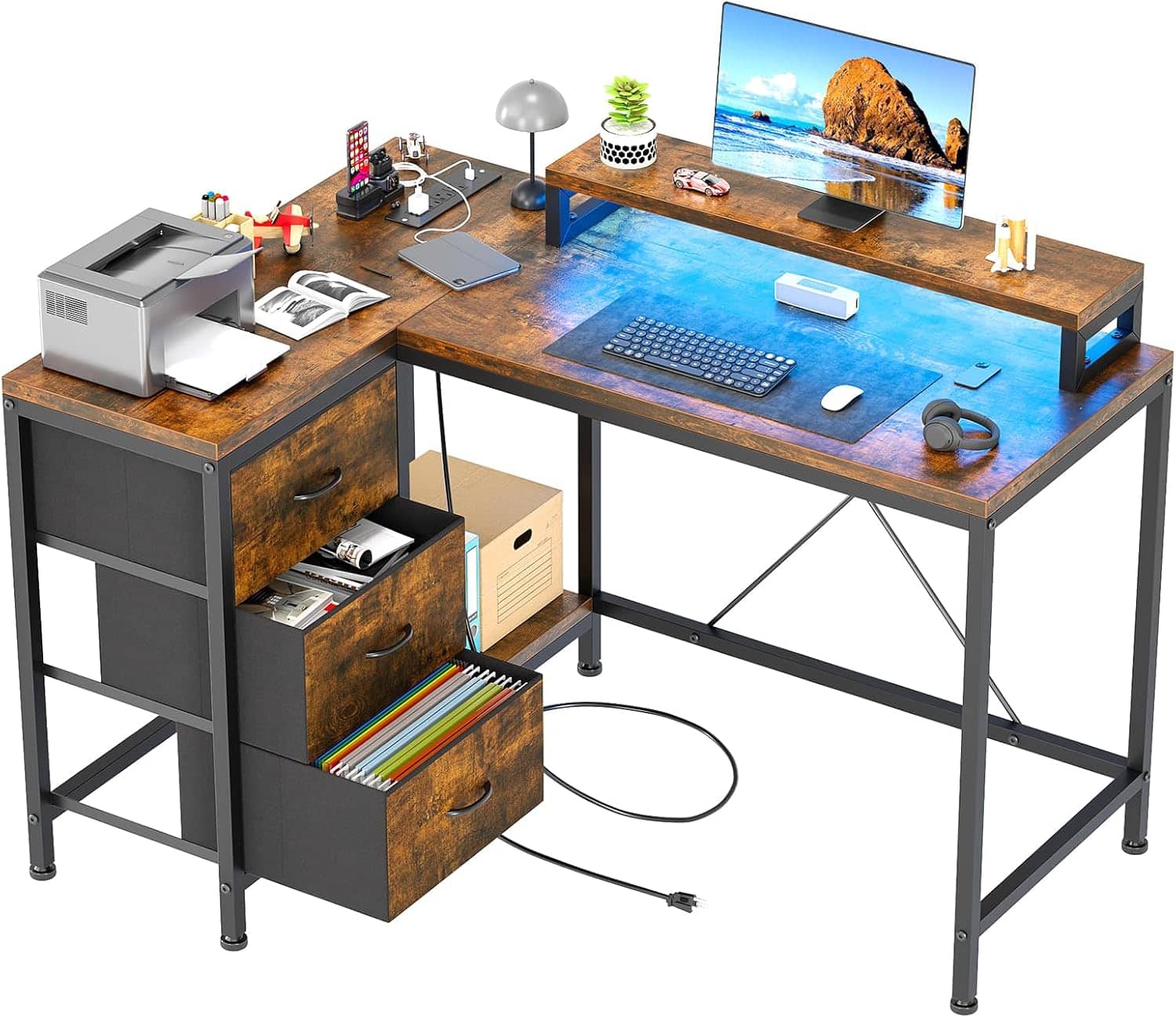 GARVEE - Large Corner Computer Desk with Drawers & Monitor Stand, PC Table for Home Office and Bedroom - Black