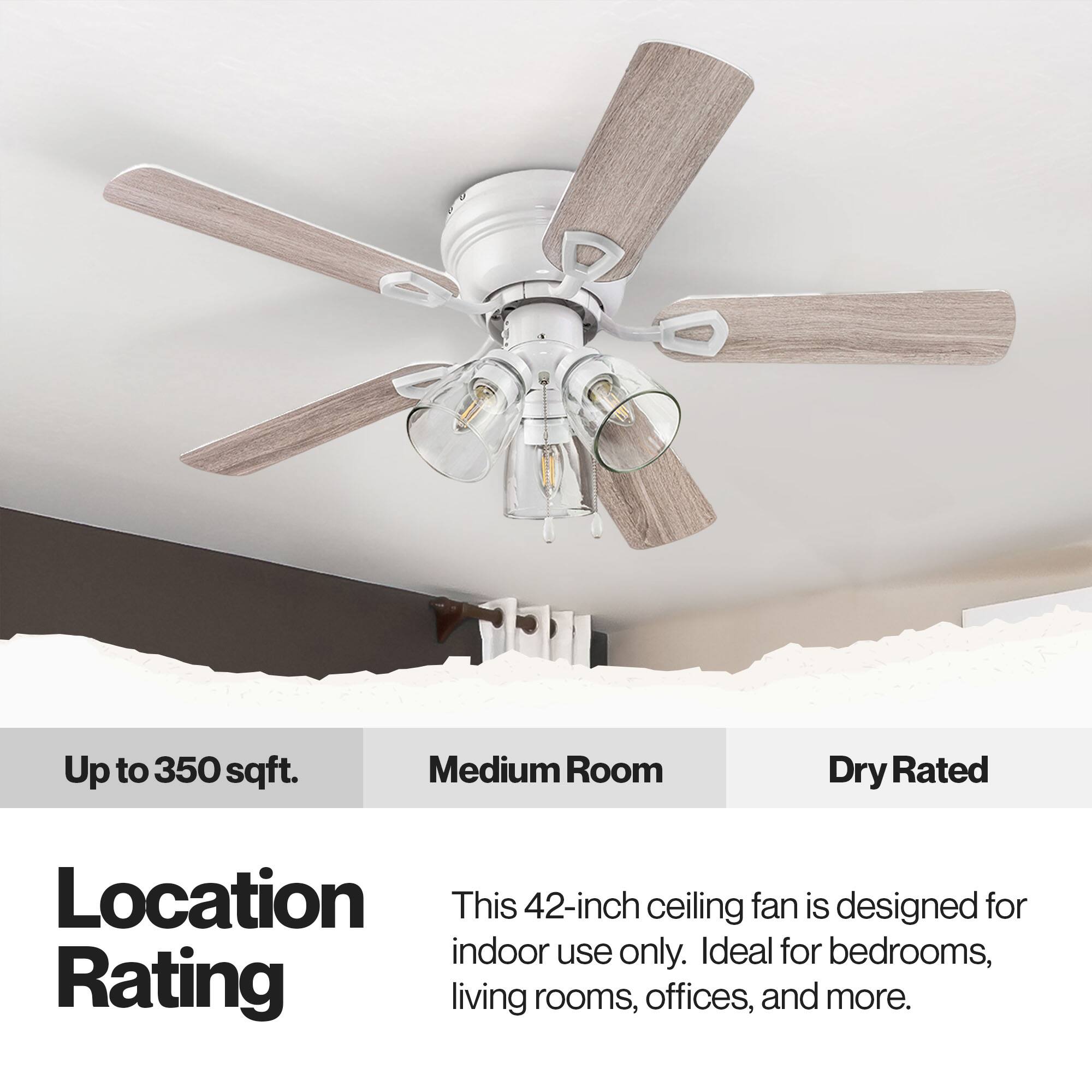 Up to 350 sqft. Medium Room Dry Rated Location This 42-inch ceiling fan is designed for indoor use only. Ideal for bedrooms, living rooms, offices, and more.