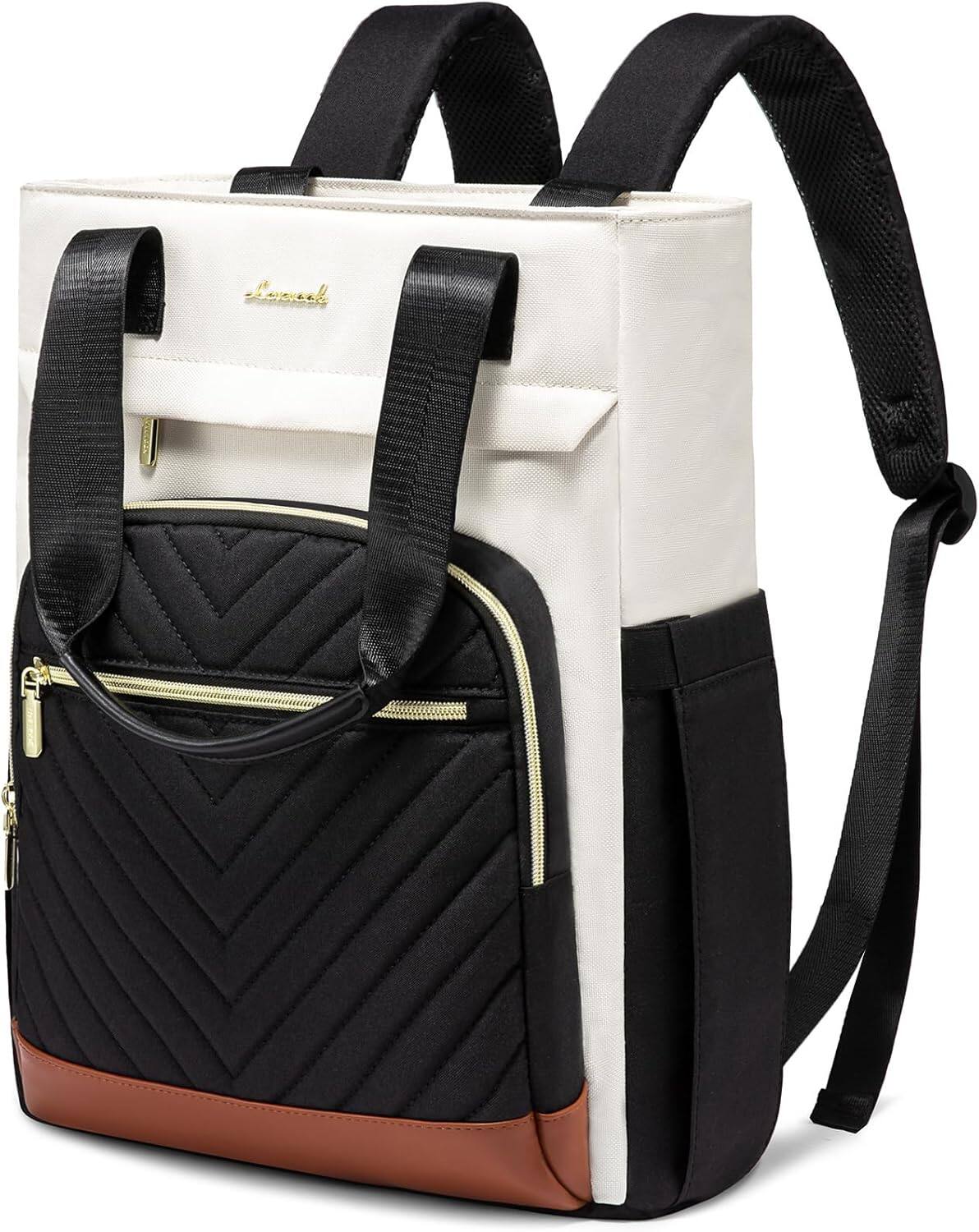 Front. Vulpecula Spade - Laptop Backpack for Women, 15.6 Inch Work Laptop Bag Teacher Nurse Backpack, Wide Open Travel Tote Backpack - Beige&black-a.