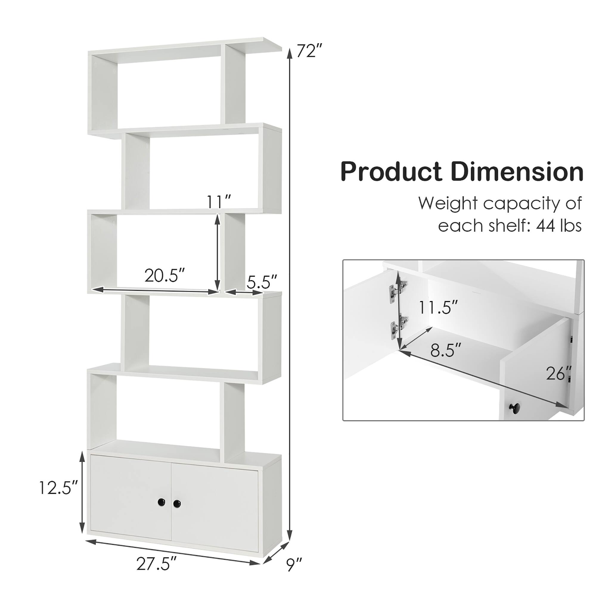 Product Dimension: 72" 11"
Weight capacity of each shelf: 44 lbs
20.5" 5.5" 11.5" 8.5" 26" 12.5" 27.5" 9"