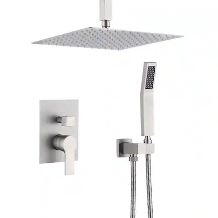 Front. JUJABU - 12" Ceiling Mount Brushed Nickel Luxury Rainfall Mixer Shower System Combo Set - Brushed Nickel.
