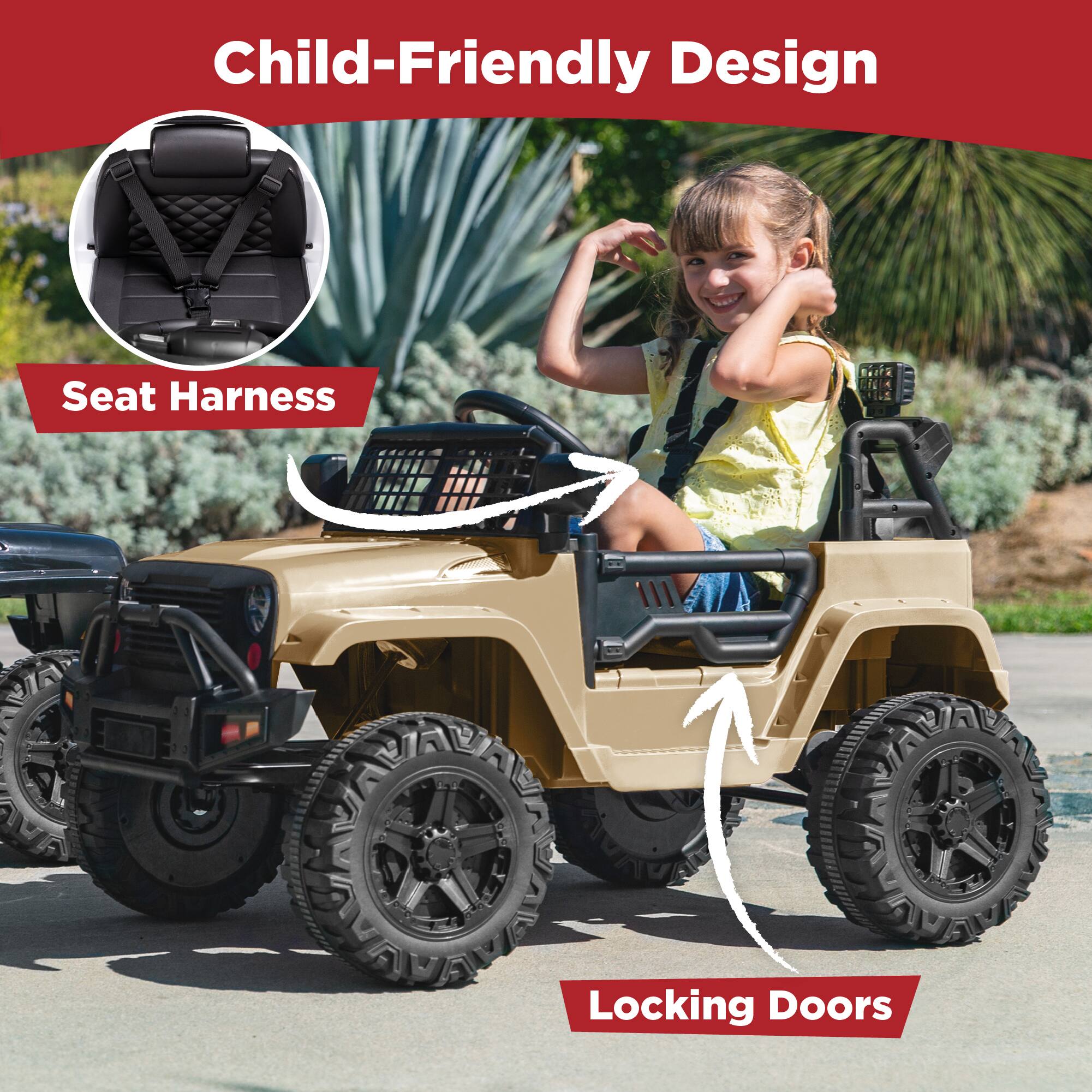 Child-Friendly Design

- Seat Harness
- Locking Doors