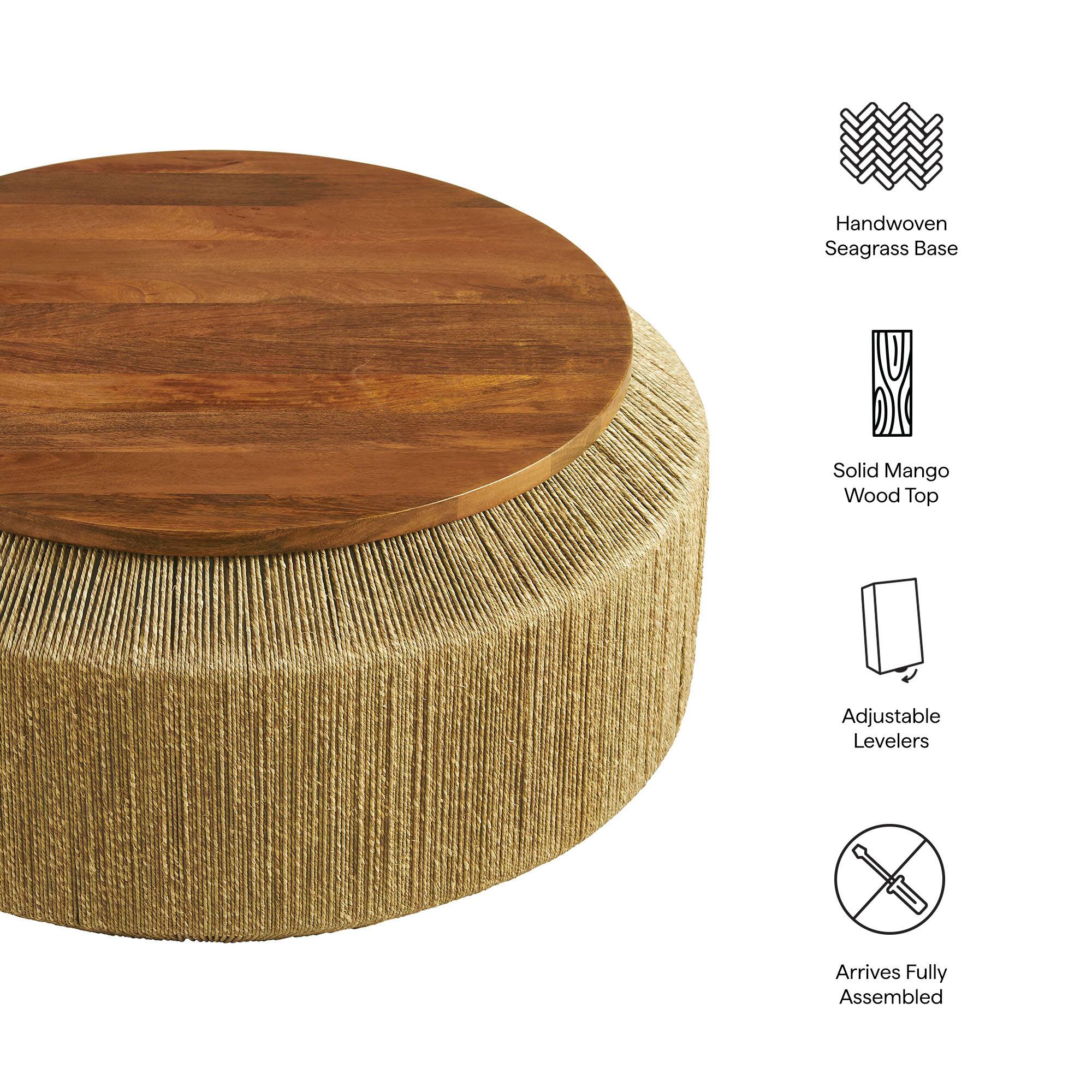 - Handwoven Seagrass Base
- Solid Mango Wood Top
- Adjustable Levelers
- Arrives Fully Assembled