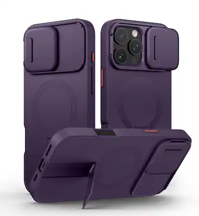 Front. SURITCH - Bumper Case for iPhone 16 Pro Max with Camera Cover, Compatible with MagSafe,Kickstand, Shockproof Slim Protective Cover - Dark Purple.
