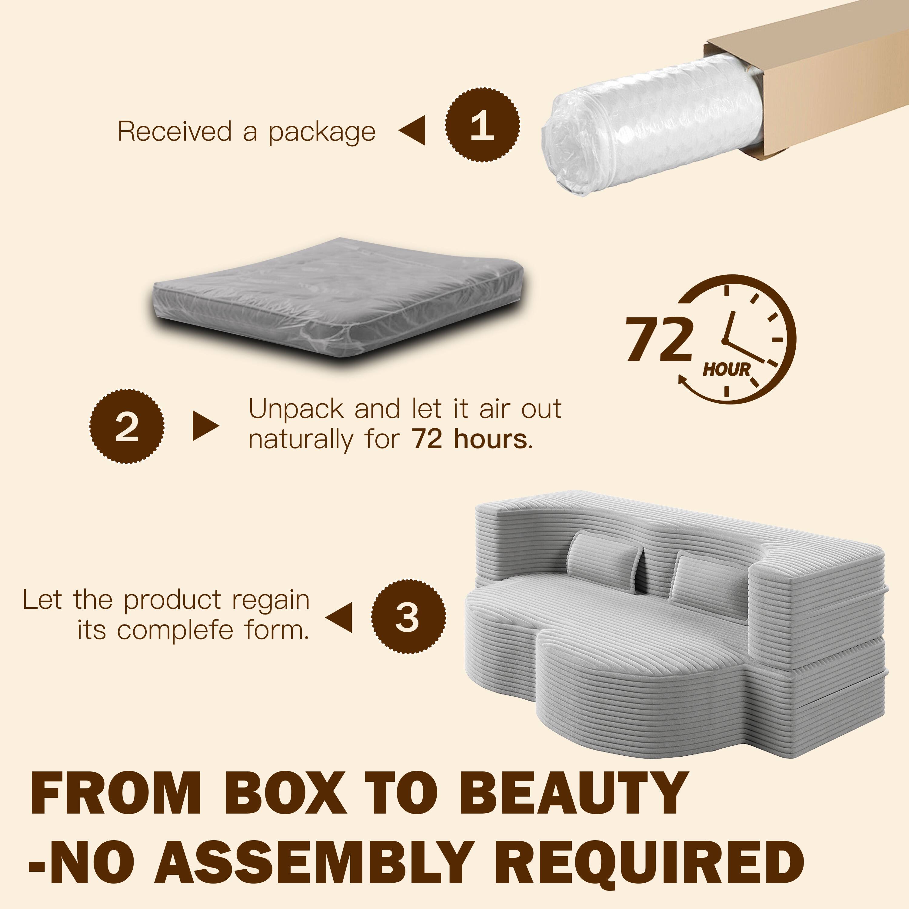 1. Received a package

2. Unpack and let it air out naturally for 72 hours.

3. Let the product regain its complete form.

FROM BOX TO BEAUTY - NO ASSEMBLY REQUIRED