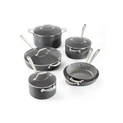 Front. All Clad - All-Clad 10pc HA1® Ceramic Nonstick Cookware Set, Light Gray - Light Gray.