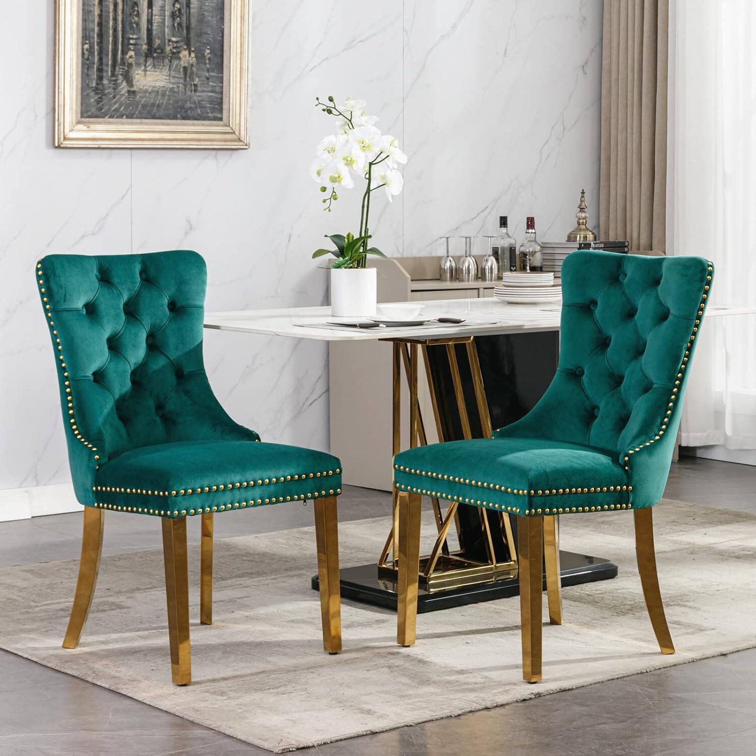 Trinkets Crazed - Velvet Dining Chair Set of 2 Upholstered Tufted Dining Room Chair with Nailhead Trim - green-gold