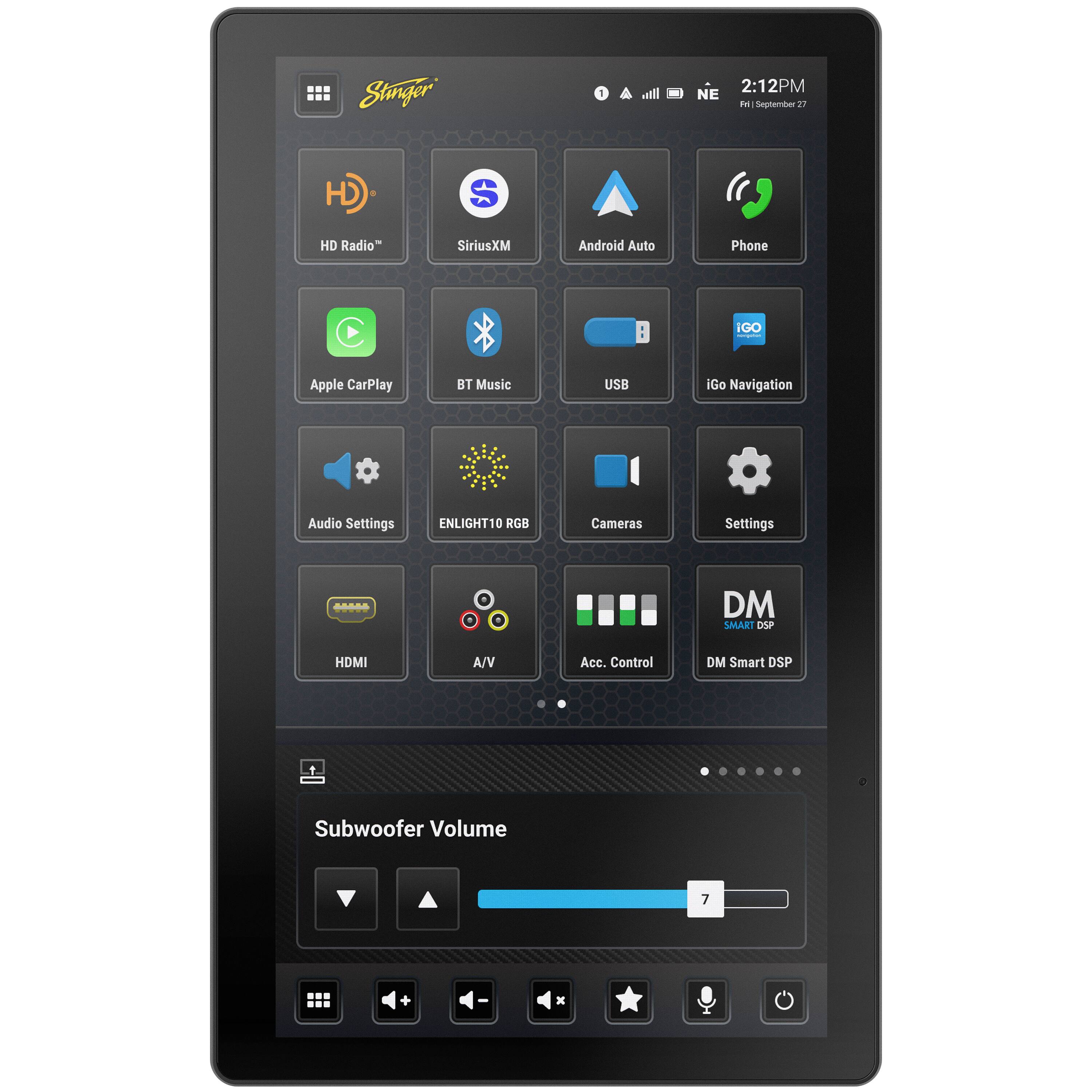 Stinger 1 IIte - 2:12PM NE - *o September 27 H S HD Radio" SiriusXM Android Auto Phone GO Apple CarPlay BT Music USB iGo Navigation Audio Settings ENLIGHT10 RGB Cameras Settings BAS DM SMART OSP HDMI A/V Acc. Control DM Smart DSP Subwoofer Volume 7 + x