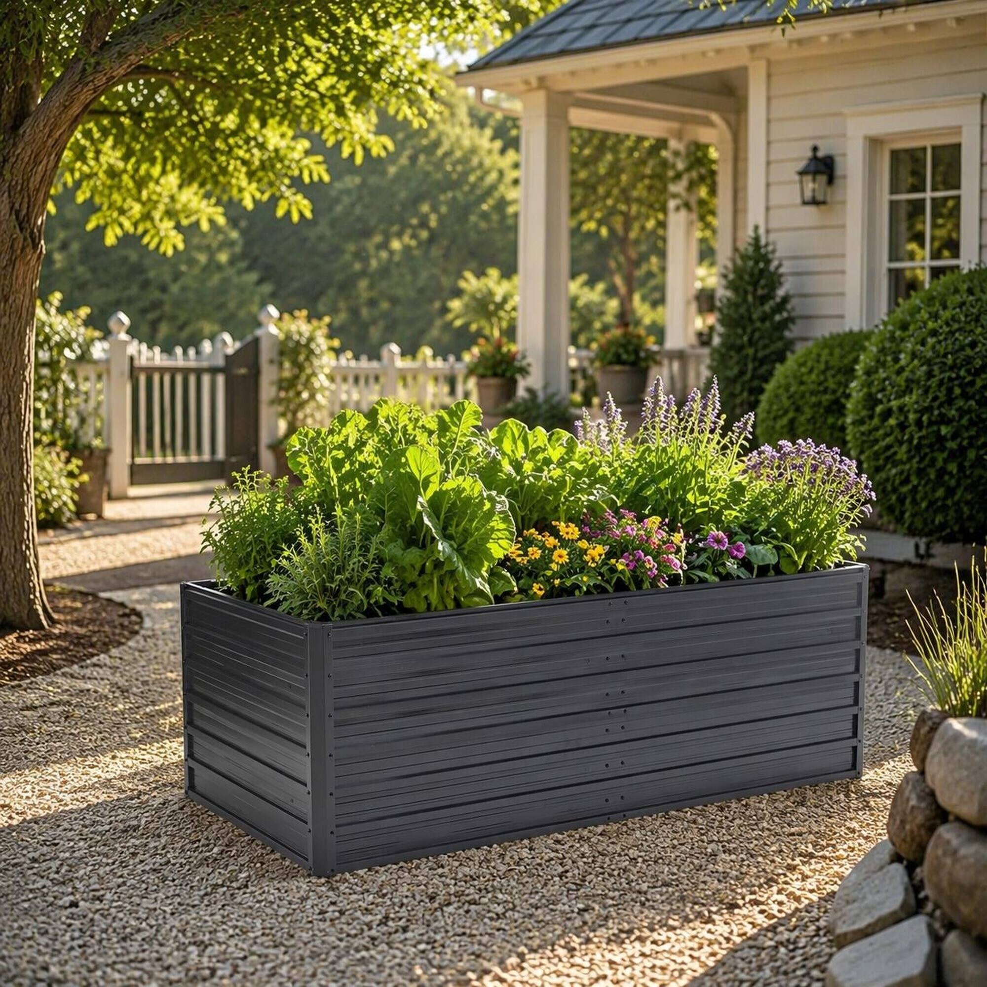Back. RYHNUYNE - 6x3x2 FT Metal Raised Garden Bed – Reinforced Galvanized Rustproof Colored Steel Planter Box for Vegetables - Black.