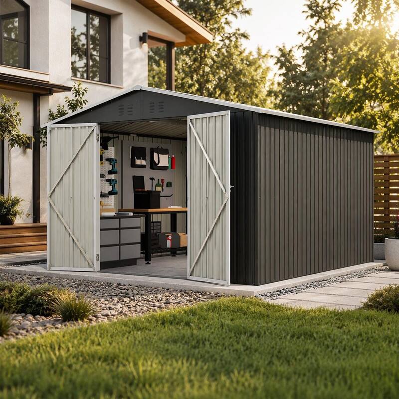 Angle. RYHNUYNE - 10x10 ft Large Metal Shed Galvanized Steel Sliding Doors Weatherproof Utility Black - Black.