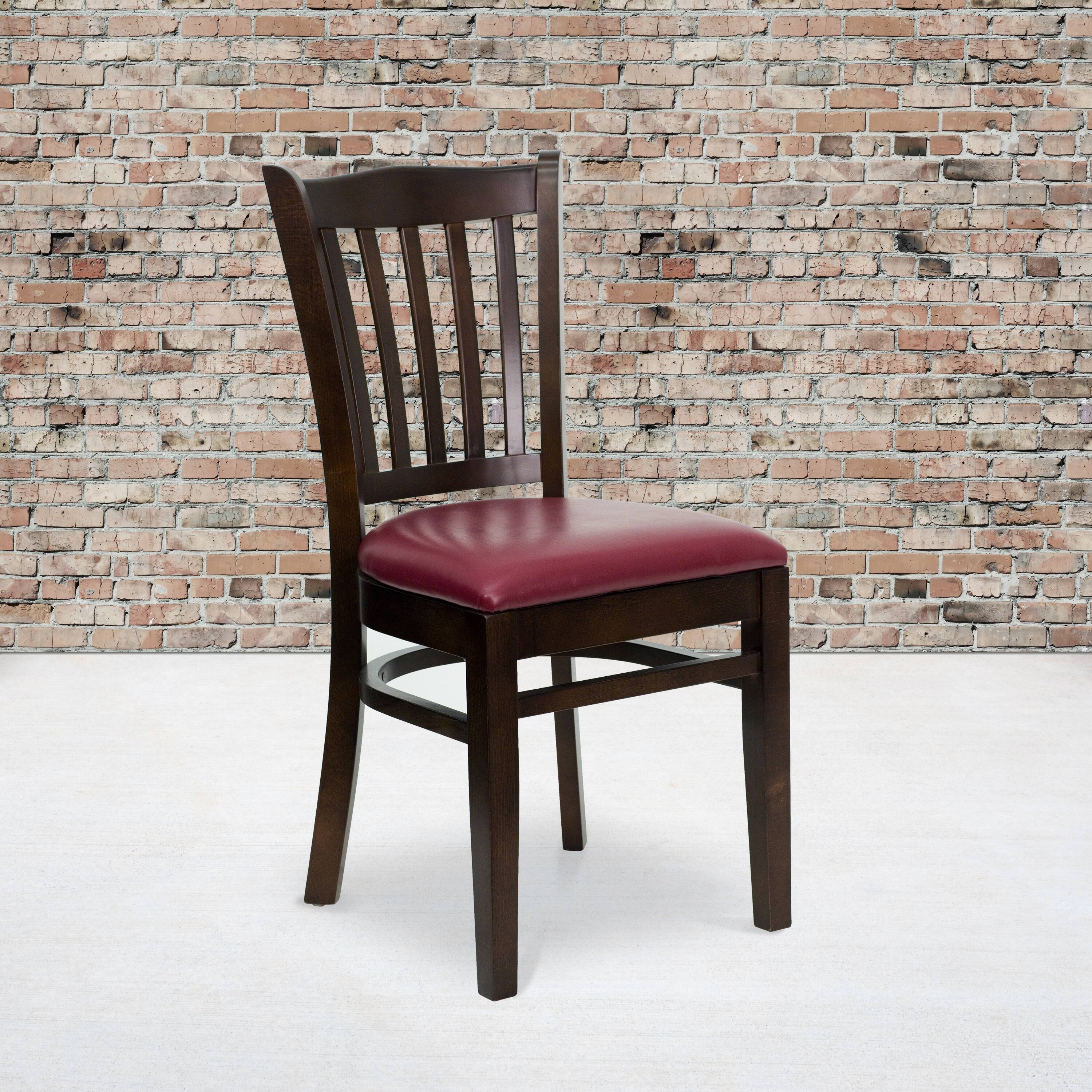 Alt View 1. Emma + Oliver - Vertical Slat Back Wooden Restaurant Dining Chair - Burgundy Vinyl Seat/Walnut Wood Frame.