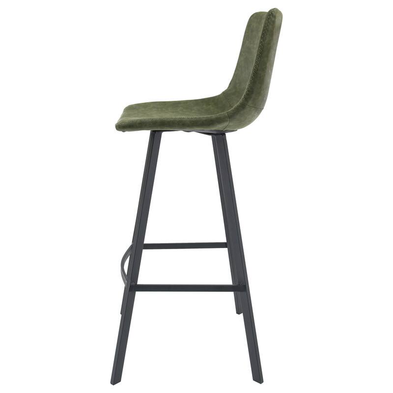 Back. LeisureMod - Elland 2 Pcs Modern Upholstered Leather Bar Stool with Iron Legs and Footrest, Counter Height Dining Stool - Olive Green.