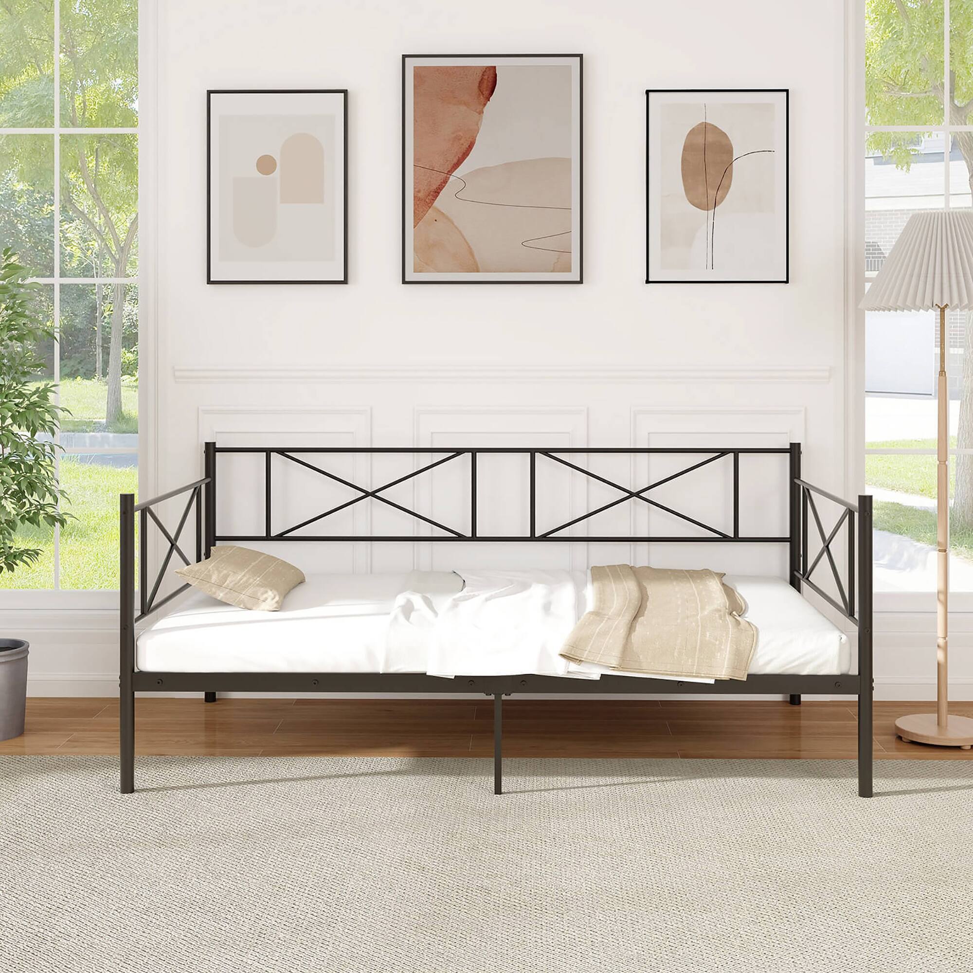 Alt View 3. Gymax - Gymax Twin Size Metal Daybed Modern Platform Bed w/ Heavy-duty Metal Slat Support Black - Black.