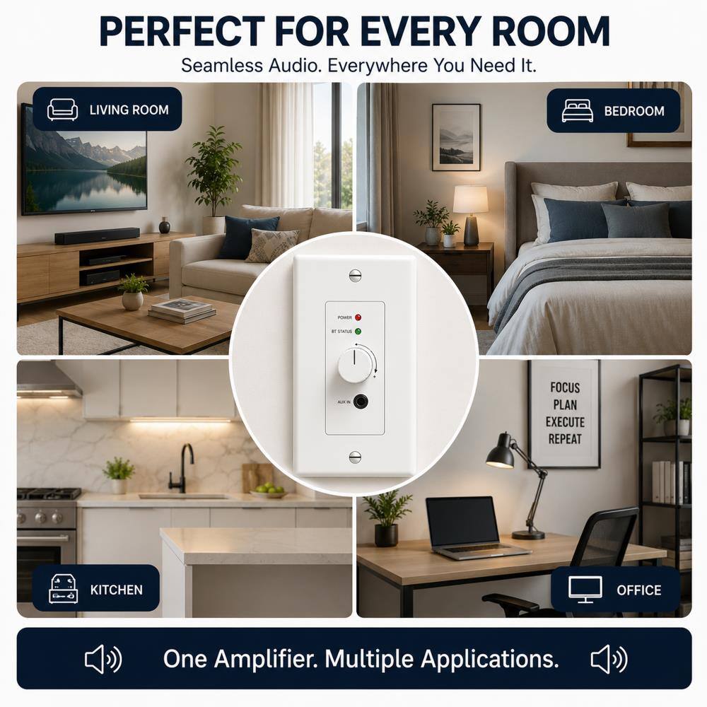PERFECT FOR EVERY ROOM  
Seamless Audio. Everywhere You Need It.

LIVING ROOM  
BEDROOM  
POWER  
81 STATUS  
FOCUS PLAN EXECUTE REPEAT  
KITCHEN  
OFFICE  

One Amplifier. Multiple Applications.