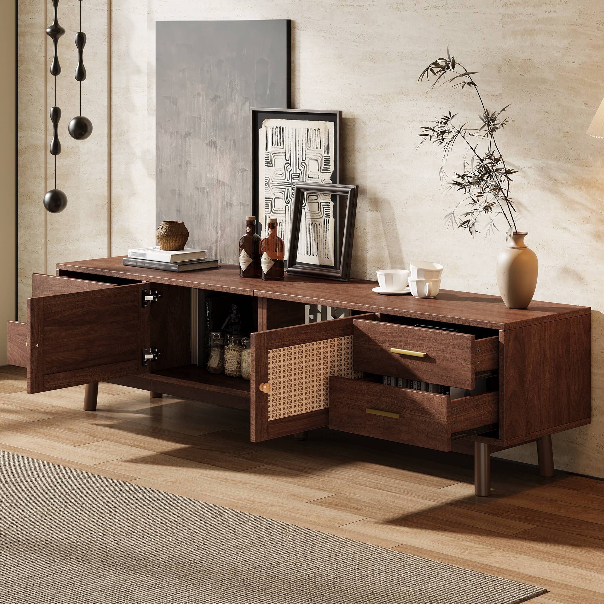 Left. Z-Edge - Modern TV Stand with Rattan Doors for TVs up to 80", Media Console with 4 Drawers, Entertainment Center for Living Room - Walnut.