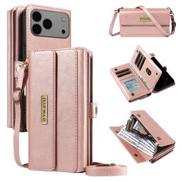 Dteck - Wallet Case for Apple iPhone 17 Pro, Shockproof PU Leather Flip RFID Blocking Card Slots with Shoulder Strap - Rosegold