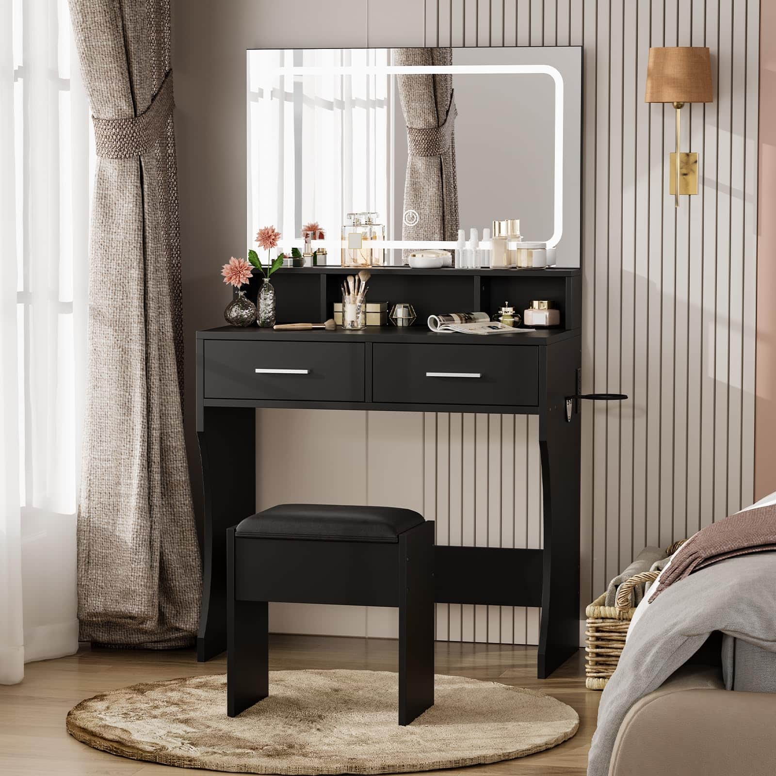 Jojoka - Vanity Desk with Lighted Mirror & Stool, Makeup Table with 2 Drawers, Hair Dryer Holder & Power Outlet - Black