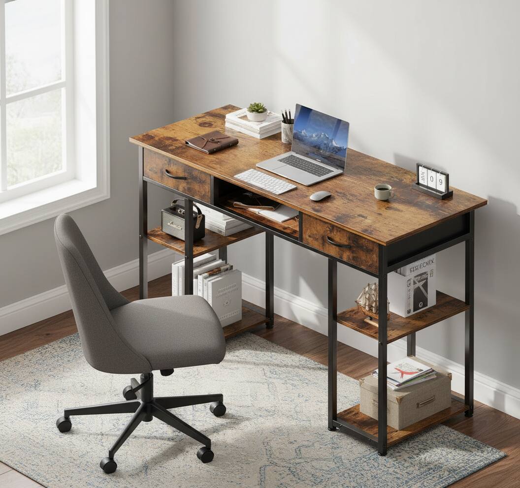 Alt View 5. AOITUN - 48 Inch brown Computer Desk, Modern Office Writing Table with 2 Drawers, Storage Shelves for Home & Gaming - Steel.