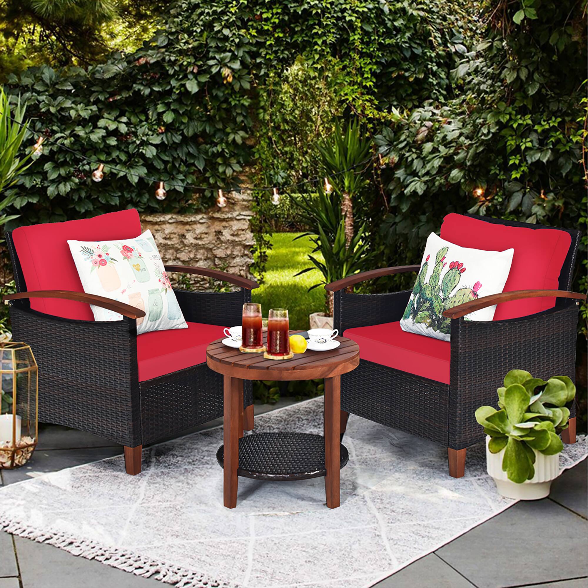 Alt View 1. Costway - Costway 3PCS Patio Rattan Furniture Set Wooden Frame Cushion Table Shelf - Red.